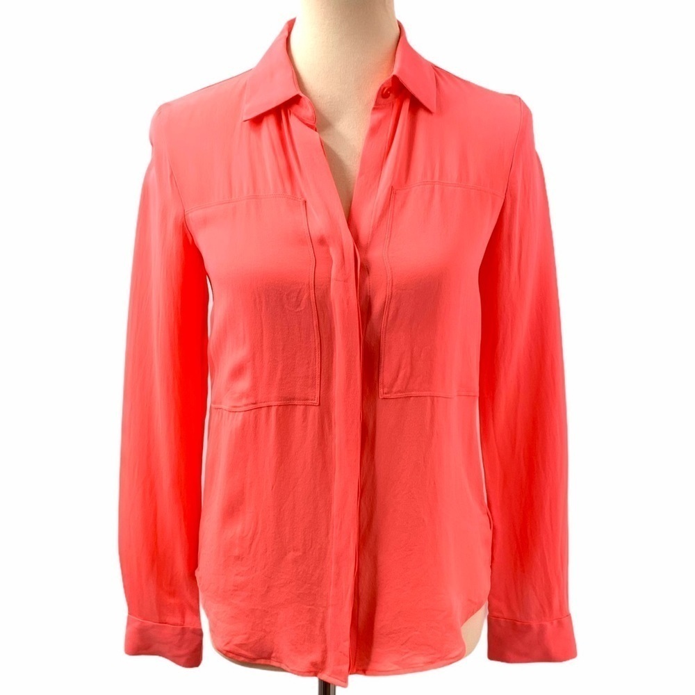 Theory Silk Coral Button Front Long Sleeve Shirt